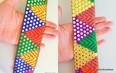Red Mirrored Fabric Trim With Yellow, Orange , Green And Blue Embroidery With Mirrors